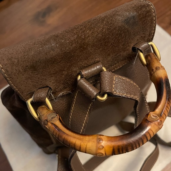 Cute Gucci backpack in brown leather and suede, with bamboo accents - Picture 14 of 16